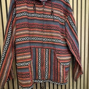 Aztec Stripe Hooded Jacket - Red, Black, Blue Pattern